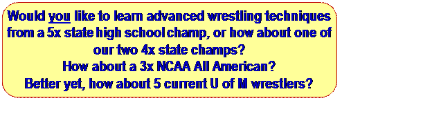 Rounded Rectangle: Would you like to learn advanced wrestling techniques from a 5x state high school champ, or how about one of our two 4x state champs?
How about a 3x NCAA All American?
Better yet, how about 5 current U of M wrestlers?


